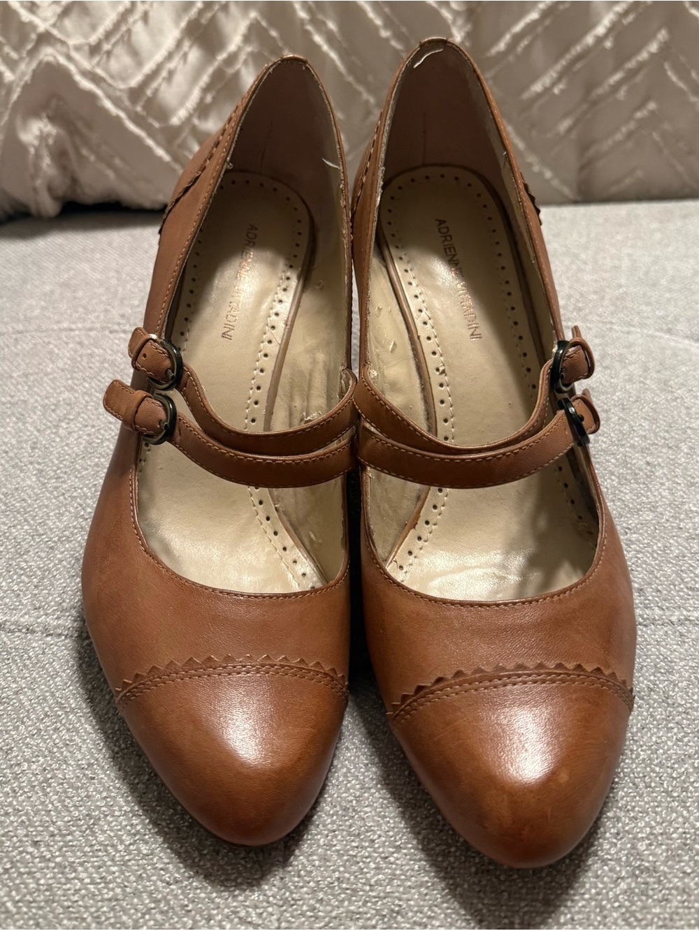 Adrienne Vittadini Tan/Brown Leather Double-Strap Mary Jane Heels
